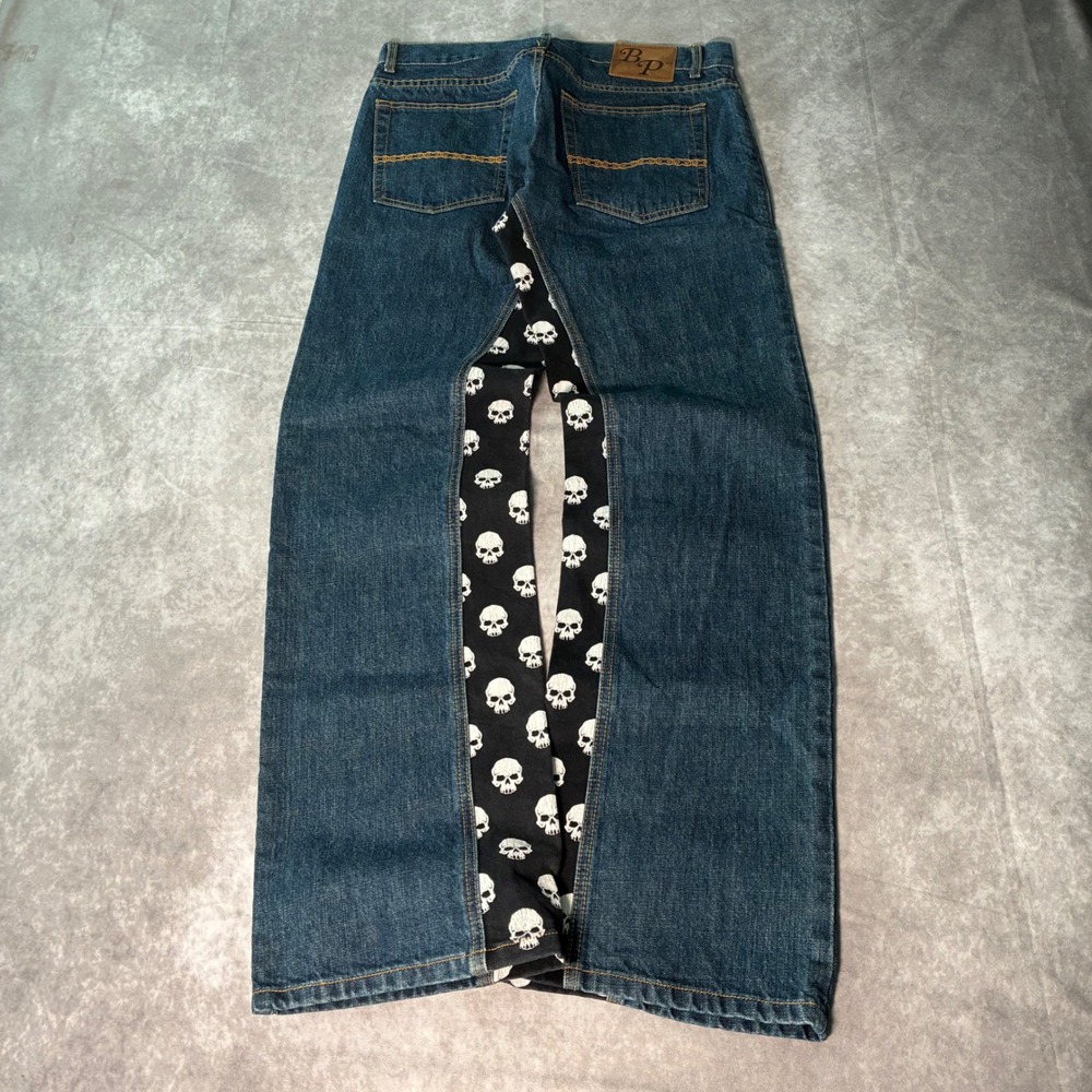 Archive Biker Premium Mens Skull Print Inset Wide Leg Jeans  Made in USA 33x32